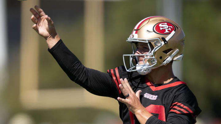 Jul 26, 2024; Santa Clara, CA, USA; San Francisco 49ers quarterback Brock Purdy (13) works on a passing drill during Day 4 of training camp at SAP Performance Facility. Mandatory Credit: D. Ross Cameron-USA TODAY Sports Jul 26, 2024; Santa Clara, CA, USA; San Francisco 49ers quarterback Brock Purdy (13) works on a passing drill during Day 4 of training camp at SAP Performance Facility. Mandatory Credit: D. Ross Cameron-USA TODAY Sports