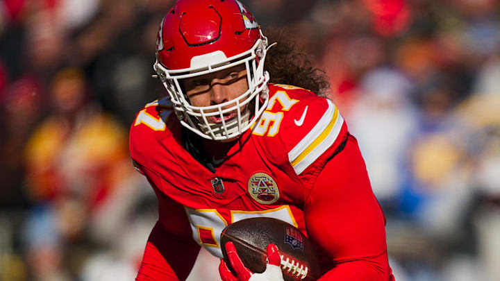 Dec 14, 2025; Kansas City, Missouri, USA; Kansas City Chiefs defensive end Ashton Gillotte (97) returns an interception against the Los Angeles Chargers during the second quarter at GEHA Field at Arrowhead Stadium. Mandatory Credit: Jay Biggerstaff-Imagn Images Dec 14, 2025; Kansas City, Missouri, USA; Kansas City Chiefs defensive end Ashton Gillotte (97) returns an interception against the Los Angeles Chargers during the second quarter at GEHA Field at Arrowhead Stadium. Mandatory Credit: Jay Biggerstaff-Imagn Images