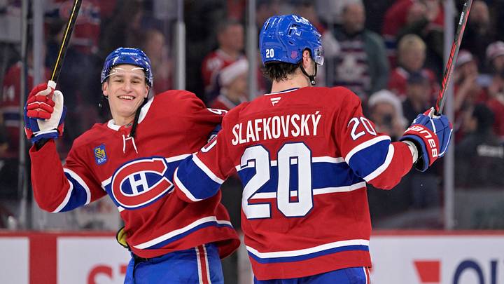 Dec 20, 2025; Montreal, Quebec, CAN; Montreal Canadiens forward Ivan Demidov (93) and teammate forward Juraj Slafkovsky (20) celebrate the win against the Pittsburgh Penguins at the Bell Centre. Mandatory Credit: Eric Bolte-Imagn Images