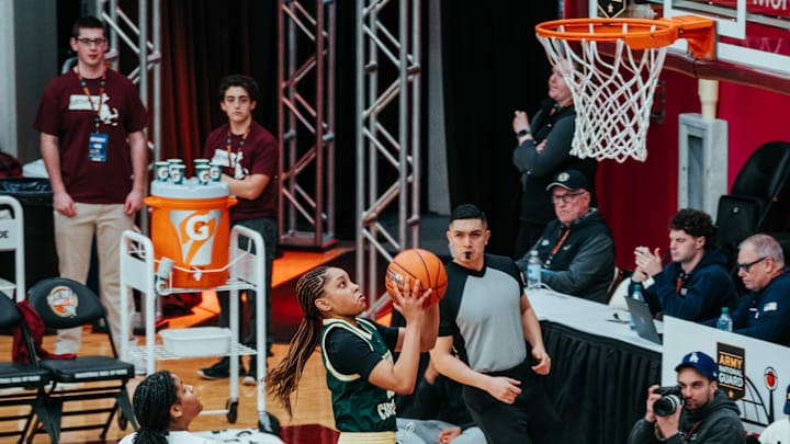 Ontario Christian (CA) sophomore Kaleena Smith drives for a layup against Christ the King (NY) in 2025 Hoophall Classic.