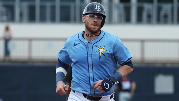 Feb 24, 2025; Port Charlotte, Florida, USA; Tampa Bay Rays catcher Danny Jansen (19) runs the bases after hitting a home run against the Minnesota Twins during the first inning at Charlotte Sports Park. Mandatory Credit: Kim Klement Neitzel-Imagn Images