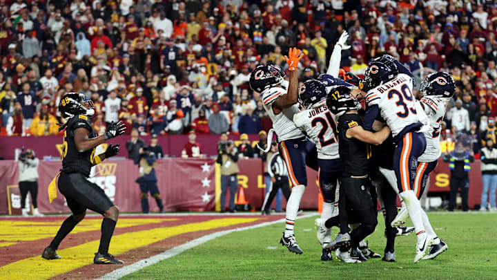 Washington Commanders wide receiver Noah Brown catches a Hail Mary pass that was tipped with no time left to beat the Chicago Bears at Commanders Field on October 27, 2024. 