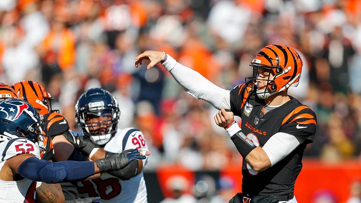 Nov 12, 2023; Cincinnati, Ohio, USA; Cincinnati Bengals quarterback Joe Burrow (9) throws a pass against the Houston Texans in the first half at Paycor Stadium. Mandatory Credit: Katie Stratman-USA TODAY Sports Nov 12, 2023; Cincinnati, Ohio, USA; Cincinnati Bengals quarterback Joe Burrow (9) throws a pass against the Houston Texans in the first half at Paycor Stadium. Mandatory Credit: Katie Stratman-USA TODAY Sports