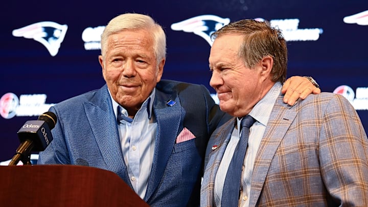 Jan 11, 2024; Foxborough, MA, USA; New England Patriots former head coach Bill Belichick (right) embraces Patriots owner Robert Kraft (left) during a press conference at Gillette Stadium to announce Belichick's exit from the team. Mandatory Credit: Eric Canha-Imagn Images Jan 11, 2024; Foxborough, MA, USA; New England Patriots former head coach Bill Belichick (right) embraces Patriots owner Robert Kraft (left) during a press conference at Gillette Stadium to announce Belichick's exit from the team. Mandatory Credit: Eric Canha-Imagn Images