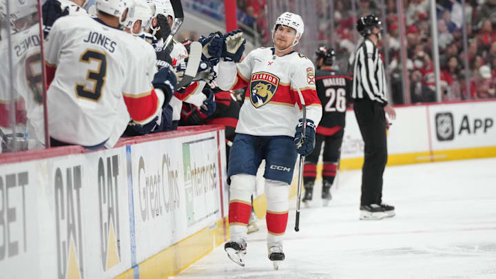 Florida Panthers defenseman Gustav Forsling celebrates scoring during the first period against the Carolina Hurricanes.
