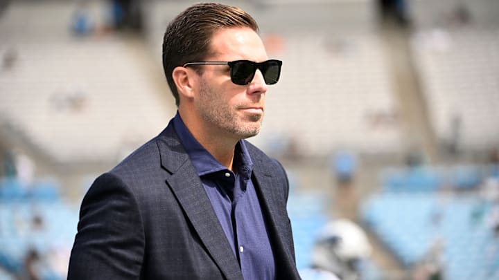 Oct 5, 2025; Charlotte, North Carolina, USA; Carolina Panthers general manager Dan Morgan on the field before the gsme at Bank of America Stadium. 