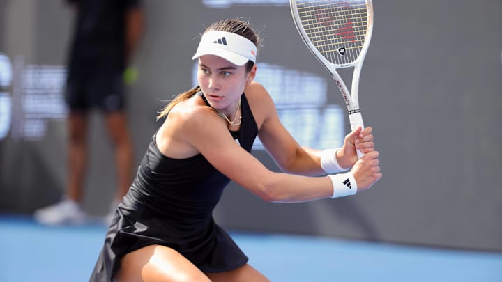 Iva Jovic competes in the final of the 2025 Guadalajara Open. Iva Jovic competes in the final of the 2025 Guadalajara Open.