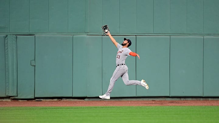 Aug 11, 2023; Boston, Massachusetts, USA; Detroit Tigers center fielder Riley Greene (31) makes a