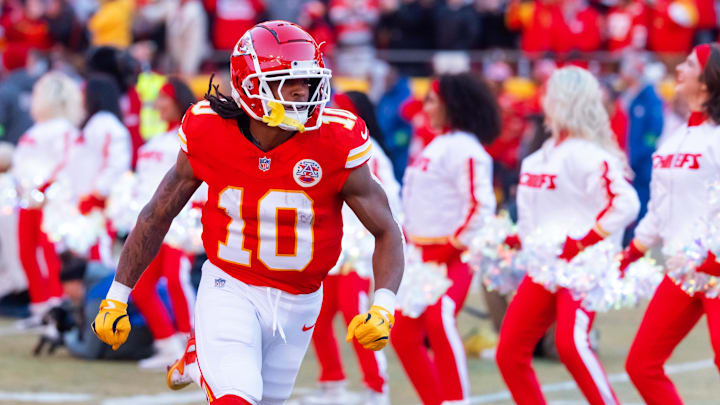 Jan 26, 2025; Kansas City, MO, USA; Kansas City Chiefs running back Isiah Pacheco (10) against the Buffalo Bills in the AFC Championship game at GEHA Field at Arrowhead Stadium. Mandatory Credit: Mark J. Rebilas-Imagn Images