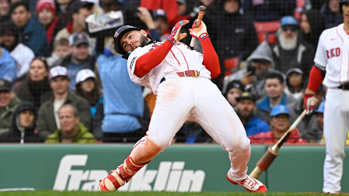 Apr 5, 2026; Boston, Massachusetts, USA; Boston Red Sox right fielder Wilyer Abreu (52) avoids a pitch during the third inning against the San Diego Padres at Fenway Park. Mandatory Credit: Eric Canha-Imagn Images