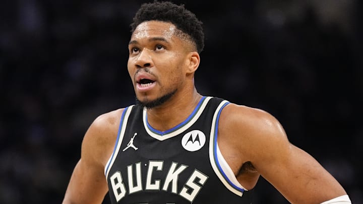 Jan 23, 2026; Milwaukee, Wisconsin, USA;  Milwaukee Bucks forward Giannis Antetokounmpo (34) looks on during the first quarter against the Denver Nuggets at Fiserv Forum. Mandatory Credit: Jeff Hanisch-Imagn Images