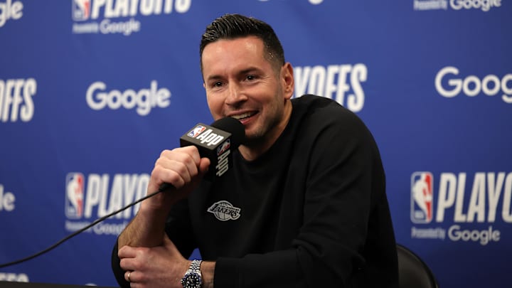 Apr 22, 2025; Los Angeles, California, USA; Los Angeles Lakers head coach JJ Redick speaks to media before a game two of first round for the 2024 NBA Playoffs against the Minnesota Timberwolves at Crypto.com Arena. Mandatory Credit: Kiyoshi Mio-Imagn Images