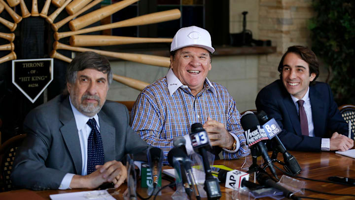 Former Cincinnati Red and MLB all-time hit leader Pete Rose laughs as he answers questions during a press conference at the Pete Rose Sports Bar and Grill in Las Vegas on Tuesday, Dec. 15, 2015. Rose and his attorneys held a press conference from the Las Vegas Strip, where Rose currently lives, to discuss the decision from Major League Baseball to deny his request for reinstatement on Dec. 14. Former Cincinnati Red and MLB all-time hit leader Pete Rose laughs as he answers questions during a press conference at the Pete Rose Sports Bar and Grill in Las Vegas on Tuesday, Dec. 15, 2015. Rose and his attorneys held a press conference from the Las Vegas Strip, where Rose currently lives, to discuss the decision from Major League Baseball to deny his request for reinstatement on Dec. 14.