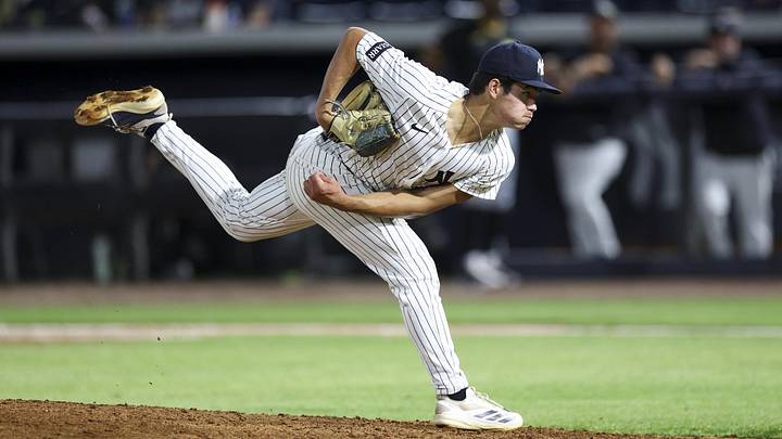 Mar 9, 2026; Tampa, Florida, USA; New York Yankees pitcher Kyle Carr (66) throws a pitch against the Pittsburgh Pirates in the ninth inning during spring training at George M. Steinbrenner Field. Mandatory Credit: Nathan Ray Seebeck-Imagn Images