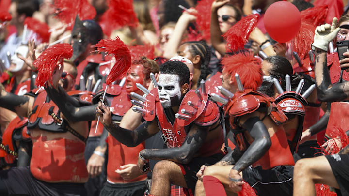 Sep 15, 2018; Athens, GA, USA; Georgia Bulldogs fans in the student section react after a touchdown against the Middle Tennessee Blue Raiders during the first half at Sanford Stadium. Mandatory Credit: Dale Zanine-Imagn Images