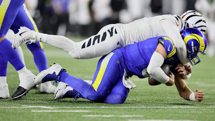 Los Angeles Rams quarterback Matthew Stafford is sacked by Cincinnati Bengals edge Trey Hendrickson