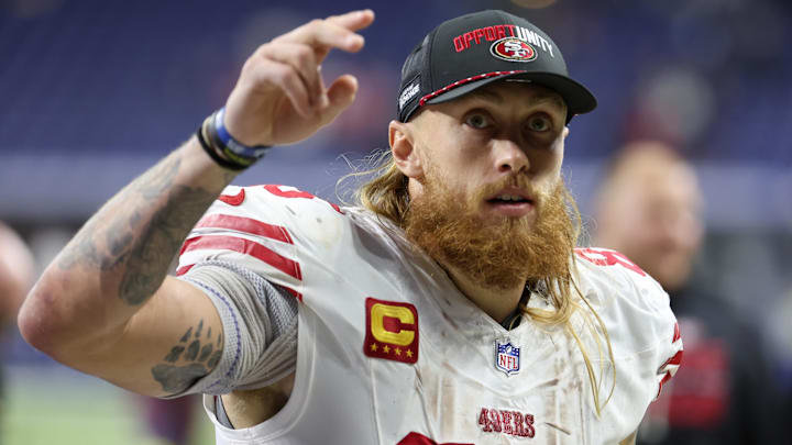 San Francisco 49ers tight end George Kittle (85) leaves the field after the game against the Indianapolis Colts at Lucas Oil Stadium.