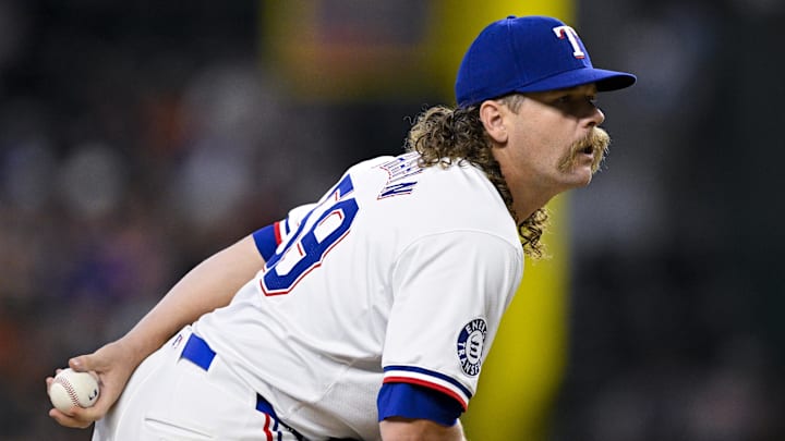 Aug 7, 2024; Arlington, Texas, USA; Texas Rangers relief pitcher Andrew Chafin (59) in action during the game between the Texas Rangers and the Houston Astros at Globe Life Field. Mandatory Credit: Jerome Miron-Imagn Images