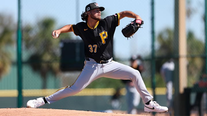 Feb 17, 2025; Bradenton, FL, USA;  Pittsburgh Pirates pitcher Jared Jones (37) participates in spring training workouts at Pirate City. Mandatory Credit: Nathan Ray Seebeck-Imagn Images