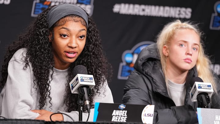 LSU Lady Tigers forward Angel Reese (10) and LSU Lady Tigers guard Hailey Van Lith (11) take questions from the media at MVP Arena, Sunday, March 31, 2024 in Albany, N.Y. LSU Lady Tigers forward Angel Reese (10) and LSU Lady Tigers guard Hailey Van Lith (11) take questions from the media at MVP Arena, Sunday, March 31, 2024 in Albany, N.Y.