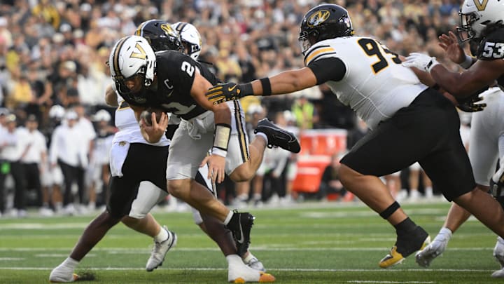 Oct 25, 2025; Nashville, Tennessee, USA; Vanderbilt Commodores quarterback Diego Pavia (2) runs near the goal line against the Missouri Tigers during the fourth quarter at FirstBank Stadium. Mandatory Credit: Steve Roberts-Imagn Images