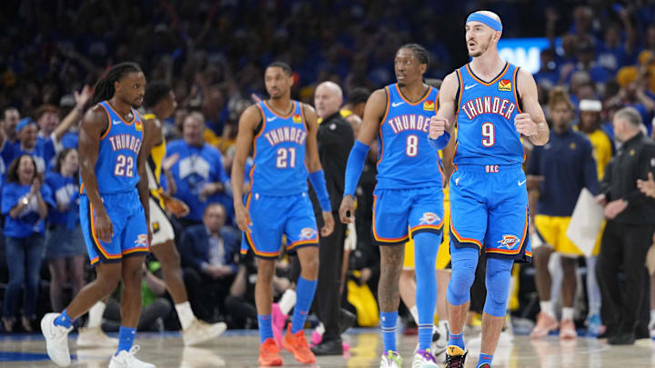 Oklahoma City Thunder guard Caruso reacts after a play against the Indiana Pacers during the second half of game seven of the 2025 NBA Finals at Paycom Center. 