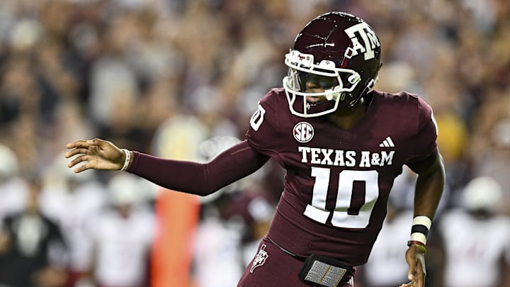 Nov 16, 2024; College Station, Texas, USA; Texas A&M Aggies quarterback Marcel Reed (10) watches the play during the first quarter against the New Mexico State Aggies at Kyle Field.