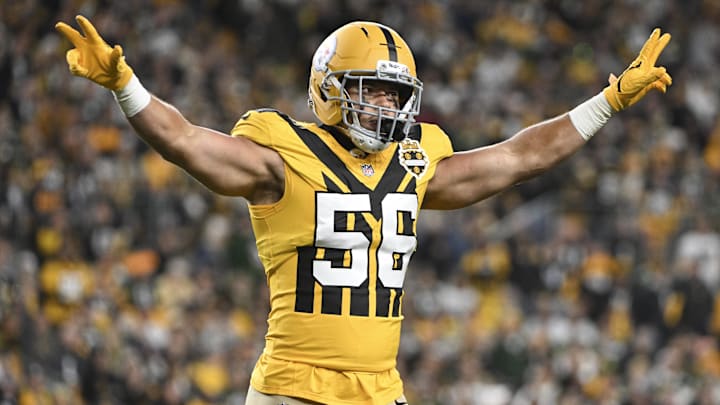 Oct 26, 2025; Pittsburgh, Pennsylvania, USA; Pittsburgh Steelers linebacker Alex Highsmith (56) celebrates a stop on third down against the Green Bay Packers during the second quarter at Acrisure Stadium. Mandatory Credit: Barry Reeger-Imagn Images