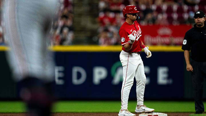Cincinnati Reds first baseman Spencer Steer (7) gestures after hitting a double in the third inning of the MLB game between Cincinnati Reds and Minnesota Twins at Great American Ball Park in Cincinnati on Wednesday, June 18, 2025.