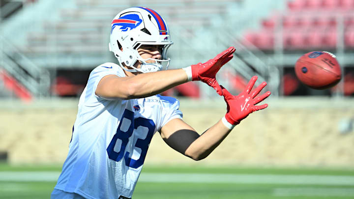 Jul 23, 2025; Rochester, NY, USA; Buffalo Bills tight end Keleki Latu (83) catches a pass during training camp at St. John Fisher University.