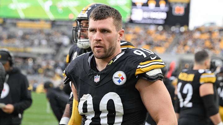 Nov 2, 2025; Pittsburgh, Pennsylvania, USA;  Pittsburgh Steelers linebacker T.J. Watt (90) watches the action against the Indianapolis Colts during the second half at Acrisure Stadium. Mandatory Credit: Barry Reeger-Imagn Images