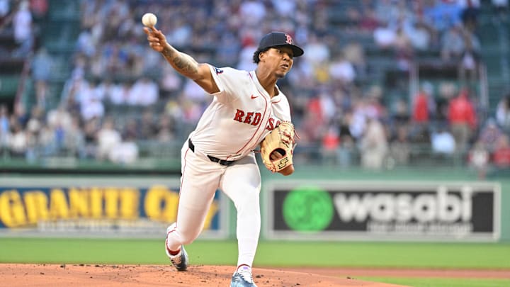 May 2, 2025; Boston, Massachusetts, USA; Boston Red Sox starting pitcher Brayan Bello (66) pitches against the Minnesota Twins  during the first inning at Fenway Park. Mandatory Credit: Eric Canha-Imagn Images