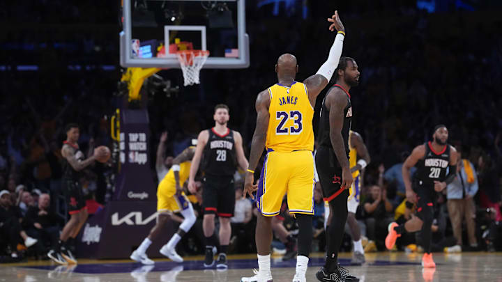 Apr 18, 2026; Los Angeles, California, USA; Los Angeles Lakers forward LeBron James (23 celebrates against the Houston Rockets in the second half during game one of the first round of the 2026 NBA Playoffs at Crypto.com Arena. Mandatory Credit: Kirby Lee-Imagn Images