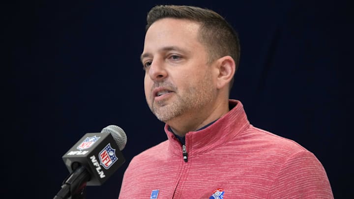 Feb 27, 2025; Indianapolis, IN, USA; New England Patriots general manager Eliot Wolf speaks during the 2025 NFL Scouting Combine at the Indiana Convention Center. Mandatory Credit: Kirby Lee-Imagn Images Feb 27, 2025; Indianapolis, IN, USA; New England Patriots general manager Eliot Wolf speaks during the 2025 NFL Scouting Combine at the Indiana Convention Center. Mandatory Credit: Kirby Lee-Imagn Images