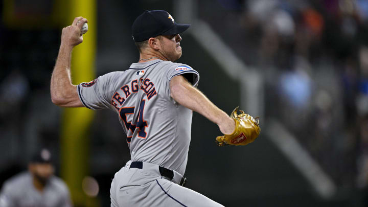 Aug 5, 2024; Arlington, Texas, USA; Houston Astros relief pitcher Caleb Ferguson pitches against the Texas Rangers. Aug 5, 2024; Arlington, Texas, USA; Houston Astros relief pitcher Caleb Ferguson pitches against the Texas Rangers.