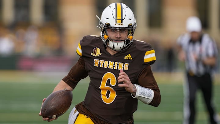 Nov 18, 2023; Laramie, Wyoming, USA; Wyoming Cowboys quarterback Andrew Peasley (6) runs against the