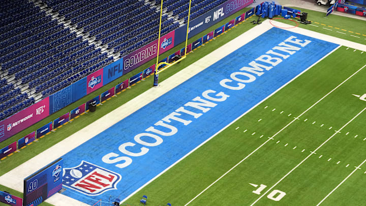 Feb 24, 2026; Indianapolis, IN, USA; The 2026 NFL Scouting Combine logo in the end zone at Lucas Oil Stadium.