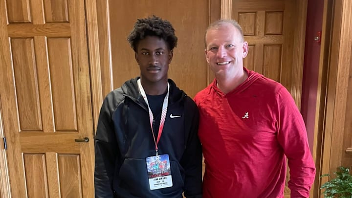 4-Star 2026 cornerback Zyan Gibson with Alabama head coach Kalen DeBoer