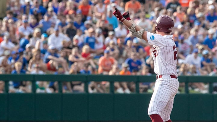 Gamecocks utility Ethan Petry (20) with a double in Game 2 of the NCAA Super Regional against Florida, Saturday, June 10, 2023, at Condron Family Ballpark in Gainesville, Florida. The Gators beat the Gamecocks 4-0 and are headed to the College World Series in Omaha.  [Cyndi Chambers/ Gainesville Sun] 2023