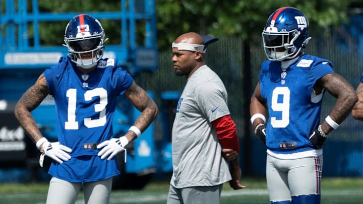 Steve Smith, a former Pro Bowl NFL wide receiver, was a guest coach at the Giants' OTAs last spring. There, he worked with receivers Jalin Hyatt (left) and Malik Nabers. Steve Smith, a former Pro Bowl NFL wide receiver, was a guest coach at the Giants' OTAs last spring. There, he worked with receivers Jalin Hyatt (left) and Malik Nabers.