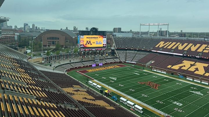Huntington Bank Stadium before the Gophers' 2026 Spring Game today.
