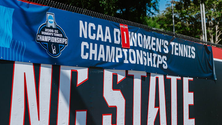An NCAA Tournament banner hangs at the J.W. Isenhour Tennis Center as NC State faced the Texas Longhorns in the Sweet 16 round of the 2026 NCAA Women's Tennis Championships in Raleigh, N.C., on May 8, 2026. 