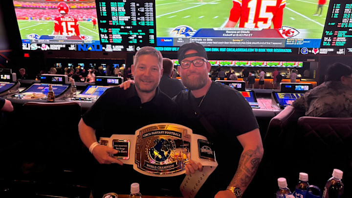 Winners of the Fantasy Football World Championships take their title belt to the sports book at Circa Resort and Casino in Las Vegas. 