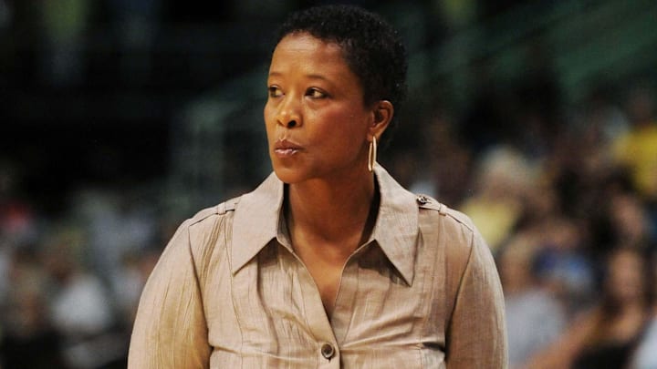 June 4, 2010; Phoenix, AZ, USA; Los Angeles Sparks head coach Jennifer Gillom reacts from the bench during the first half at US Airways Center against the Phoenix Mercury.  The Mercury defeated the Sparks 90-89.  Mandatory Credit: Jennifer Stewart-Imagn Images