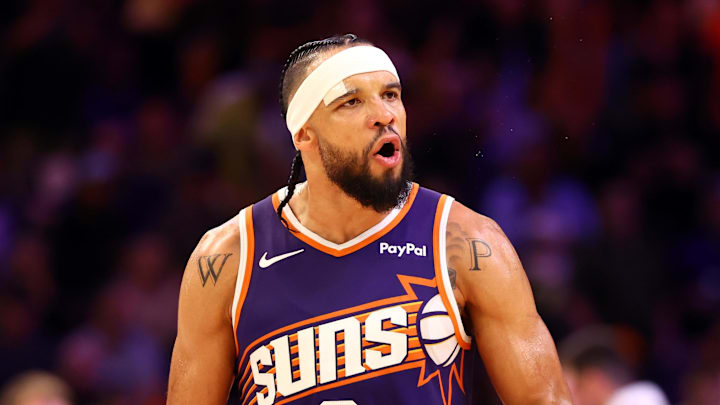 Oct 22, 2025; Phoenix, Arizona, USA; Phoenix Suns forward Dillon Brooks (3) reacts against the Sacramento Kings at the Mortgage Matchup Center. Mandatory Credit: Mark J. Rebilas-Imagn Images