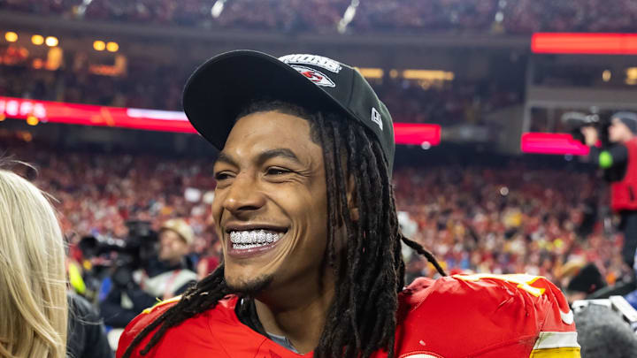 Jan 26, 2025; Kansas City, MO, USA; Kansas City Chiefs running back Isiah Pacheco (10) celebrates after defeating the Buffalo Bills in the AFC Championship game at GEHA Field at Arrowhead Stadium. Mandatory Credit: Mark J. Rebilas-Imagn Images Jan 26, 2025; Kansas City, MO, USA; Kansas City Chiefs running back Isiah Pacheco (10) celebrates after defeating the Buffalo Bills in the AFC Championship game at GEHA Field at Arrowhead Stadium. Mandatory Credit: Mark J. Rebilas-Imagn Images