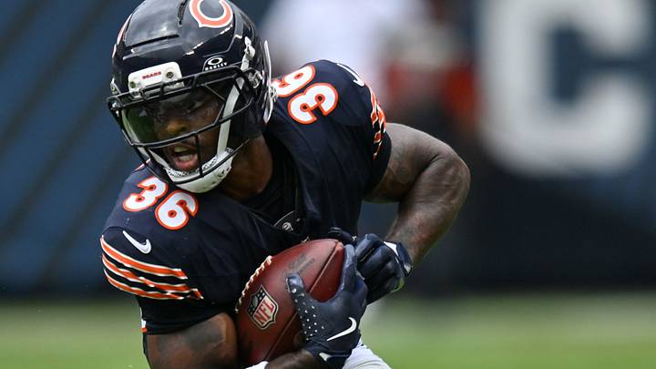 Aug 15, 2026; Chicago, Illinois, USA; Chicago Bears running back Salvon Ahmed (36) runs the ball in for a touchdown against the Cleveland Browns during the second half at Soldier Field. Mandatory Credit: Patrick Gorski-Imagn Images