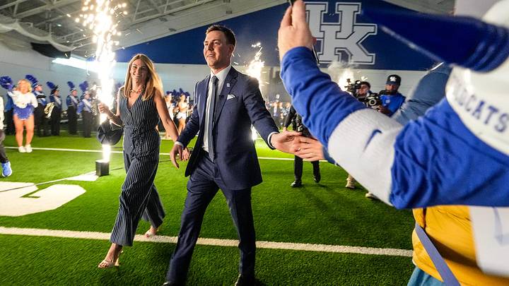 New Kentucky Wildcat head coach Will Stein arrives with wife, Darby has he is introduced at Kentucky on Wednesday, December 3, 2025