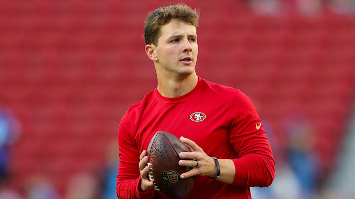 Dec 30, 2024; Santa Clara, California, USA; San Francisco 49ers quarterback Brock Purdy (13) before the game against the Detroit Lions at Levi's Stadium. Mandatory Credit: Sergio Estrada-Imagn Images