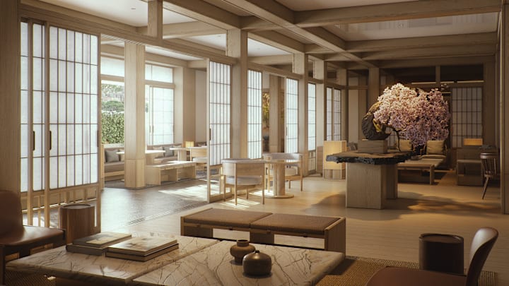Renderings of the  living lounge of the Capella Kyoto slated to open in Q4 2025